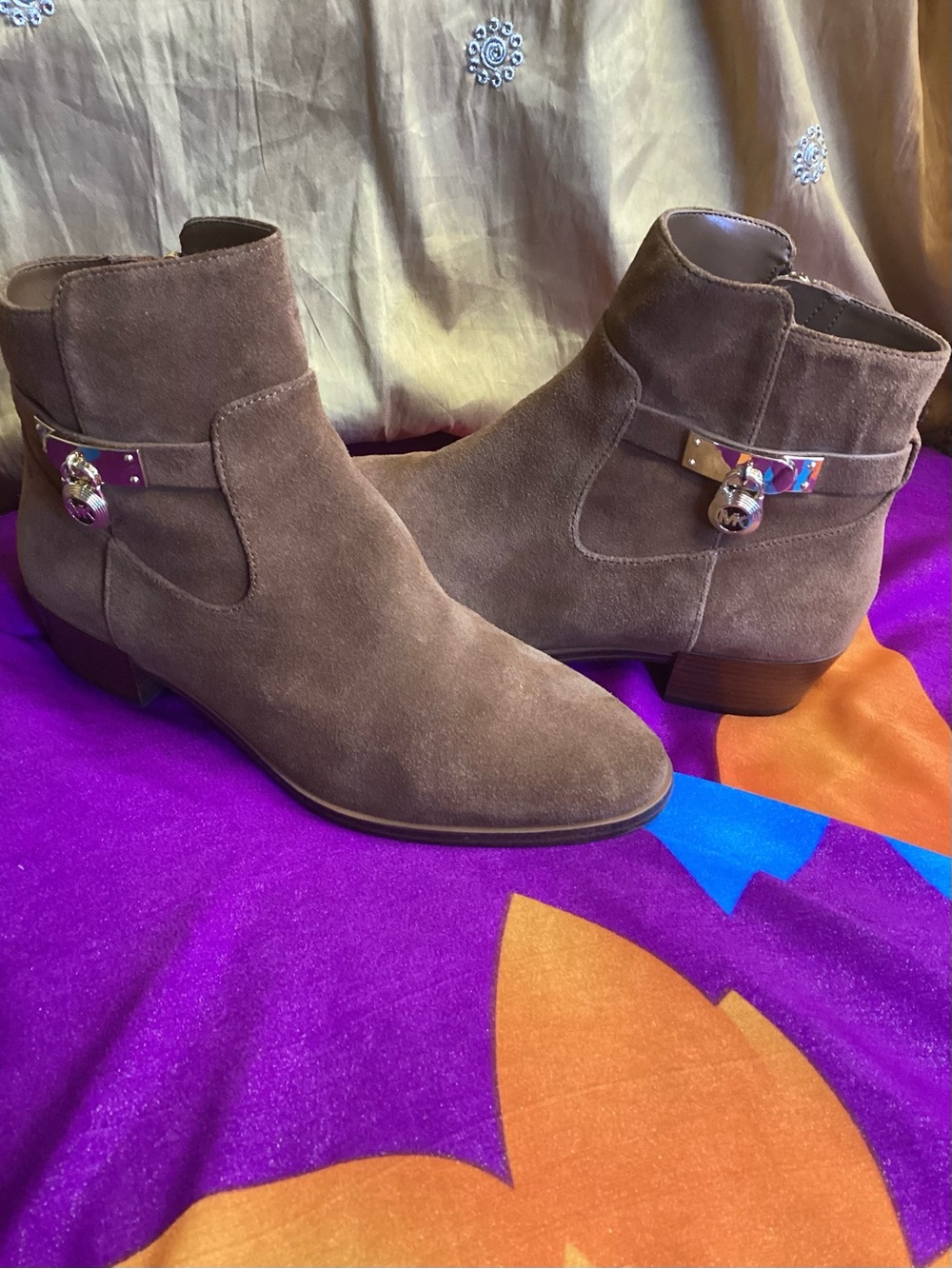 Michael Kors Kieran Taupe Suede Ankle Booties with Gold-Tone Charm 8M
